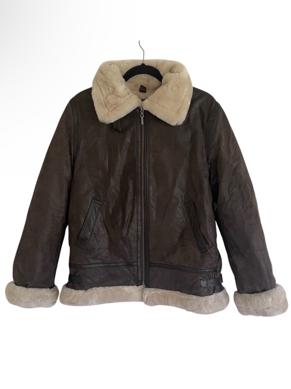 St. John’s Bay Brown Leather Bomber Jacket With Faux Fur Lining Medium